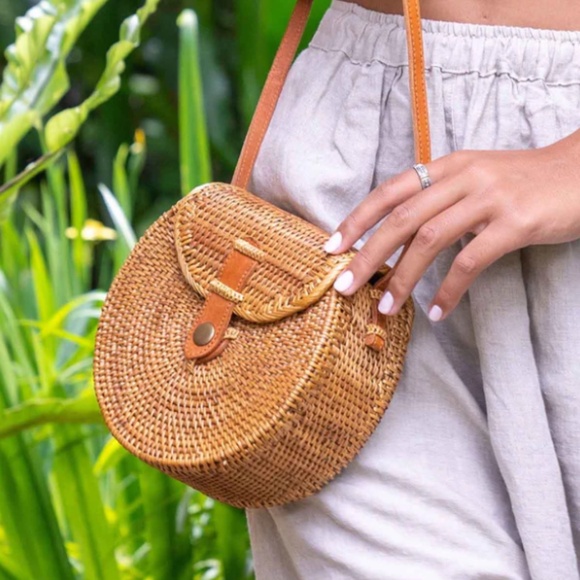 Balinese grass rattan and leather adjustable crossbody
